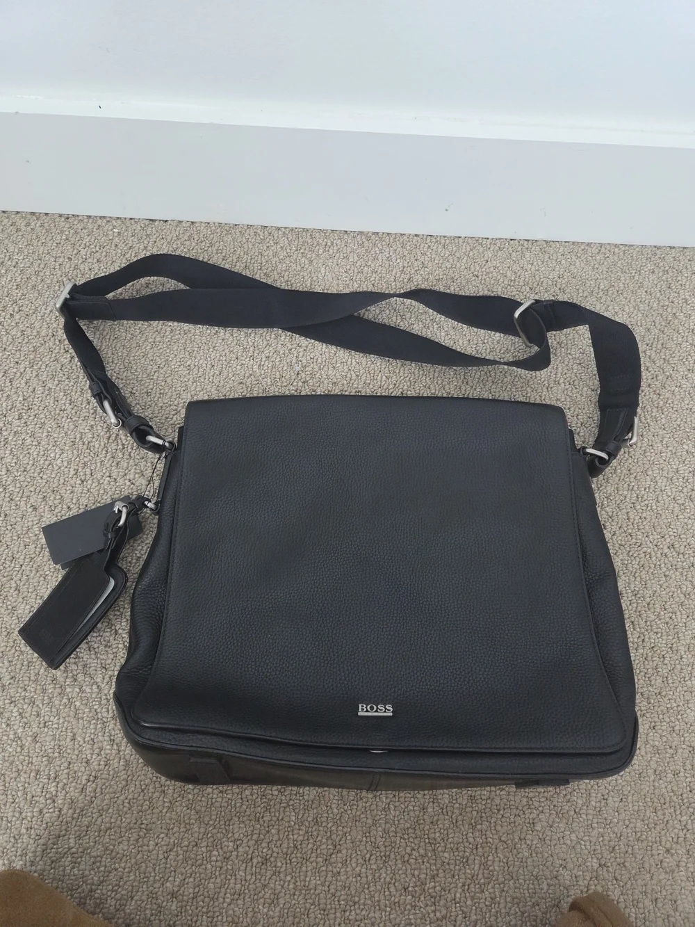 BOSS Black Leather Messenger Bag for Men